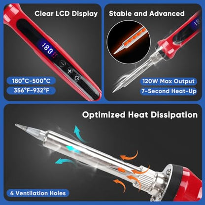 Soldering Iron Kit, 120W Soldering Tools with LCD Digital Display, 180°-500°C / 356°-932°F Adjustable Temperature, Auto Sleep, 907 Series Tips, for Electronics Repair, Jewelry, DIY Projects