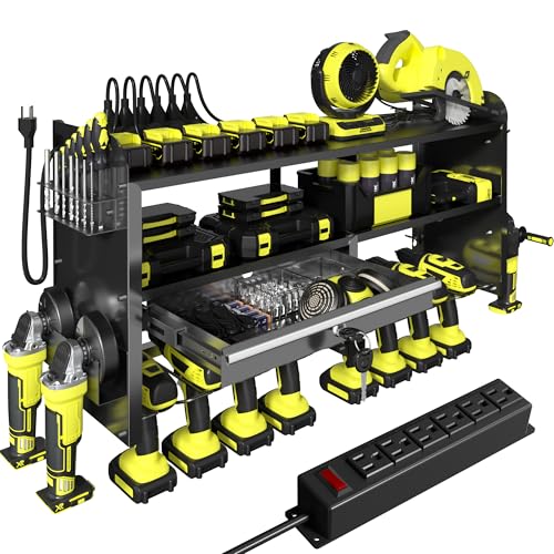 KSVO Power Tool Organizer Wall Mount with Drill Holder, Grinder Bracket, Hammer and Pliers, Locking Drawer, 6-Outlet Charging Rack - Heavy Duty Metal Tool Storage Garage, Workshop (Yellow) - color: Yellow