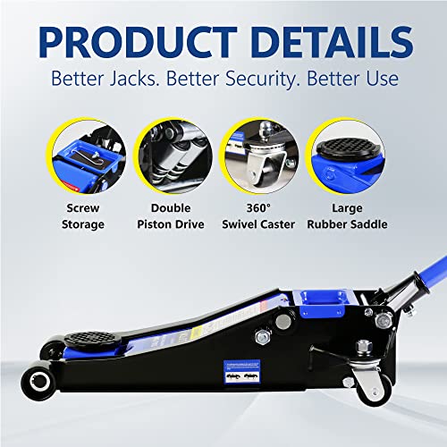 3T Low Profile Steel Floor Jack, 6600 lb, Dual Pump, 3.3"-18.5" Lift, Blue | Heavy-duty steel, dual-piston quick lift, low profile, 3.3"-18.5" range, overload safety protection. - size: 3T Dual Pump 3.3"-18.5"