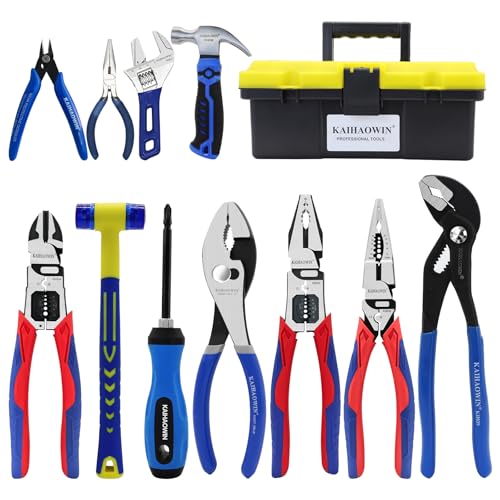 KAIHAOWIN 11-Piece Home Tool Kit with Carry Case - CR-V Steel Pliers Set, Wrench, Hammer, Screwdriver & Wire Cutter for DIY Repair, Automotive, Plumbing & Household Maintenance - color: 11 Piece
