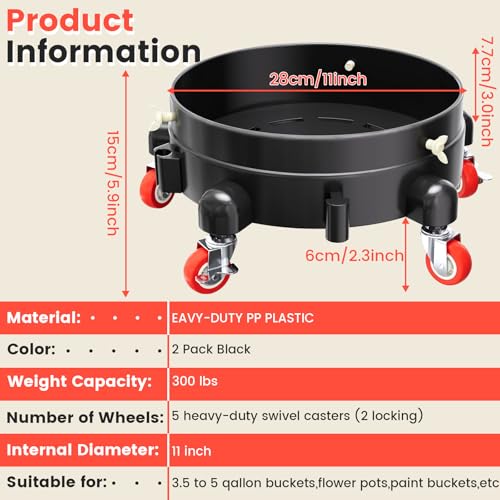 2Pcs 11 Inch Bucket Dolly, Removable Rolling Bucket Dolly, 5 Gallon Car, with 5 Heavy Duty Wheel Casters, 360°Rolling, Connectable, Locking, for Car Wash & Auto Detailing,Bearing 300lb,Black - color: Black