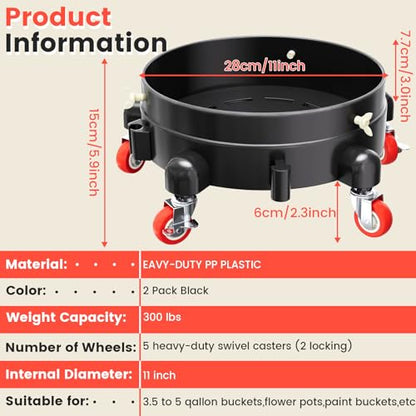 2Pcs 11 Inch Bucket Dolly, Removable Rolling Bucket Dolly, 5 Gallon Car, with 5 Heavy Duty Wheel Casters, 360°Rolling, Connectable, Locking, for Car Wash & Auto Detailing,Bearing 300lb,Black - color: Black