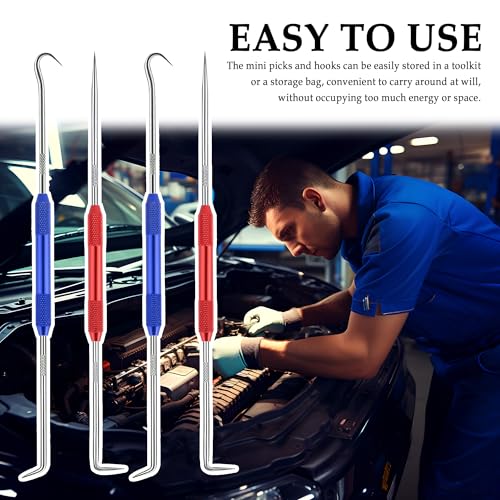 Salior 4PCS CarbonSteel Hook Tool and Pick Set,Double End Pick and Hook Set Auxiliary Dismantling Fittings,Universal O Ring Pick Set and Hook Tool Car Accessories Fit for Most Vehicles (Red+Blue) - color: Red+Blue/4PCS