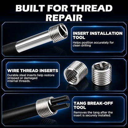 350PC SAE and Metric Thread Repair Kit, Thread Restorer Tool Set with HSS Drill Bits, Taps, Thread Inserts, Installation and Break-Off Tools for Stripped Threads, Automotive Repair and Metalworking - size: 350-Pc SAE & Metric Pro Master Kit