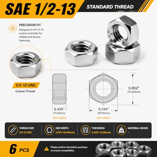 6Pcs SAE 1/2-13 Hex Nuts, 304 Stainless Steel Hardware Nuts, Full Thread Hex Drive, for Machinery, Automotive, Construction - size: 1/2-13 (6 pcs)