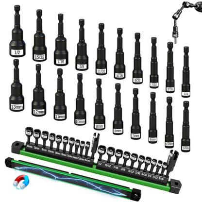 22-Piece Magnetic Nut Driver Set, Metric & SAE (5-13mm & 3/16"-1/2"), 1/4" Hex Shank Impact Bit Set, Wing Nut Driver Bits, Magnetic Aluminum Storage Rail - style: Nut Driver Set with Rail