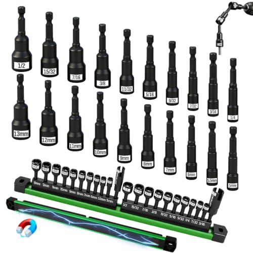 22-Piece Magnetic Nut Driver Set, Metric & SAE (5-13mm & 3/16"-1/2"), 1/4" Hex Shank Impact Bit Set, Wing Nut Driver Bits, Magnetic Aluminum Storage Rail - style: Nut Driver Set with Rail