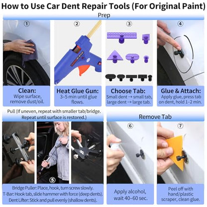 Super PDR Car Dent Repair Kit – Paintless Dent Puller Tool Set with 2 in 1 Slide Hammer, Glue Gun & New GlueTabs – No Paint Damage DIY Dent Remover for Door Dings, Hail, Hood & Fender Dents