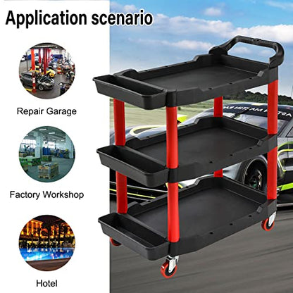 Auto Detailing Cart with Locking Wheels, 440 Lb Heavy Duty 3-Tier Rolling Tool Organizer for Mechanics, with Side Trays, Handle - Garage, Car Wash, Workshop & Warehouse Storage