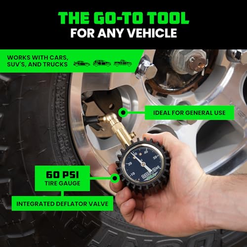 Rhino USA Heavy Duty Tire Pressure Gauge - ANSI Certified Glow Dial | ANSI B40.1 certified accurate, large 2in glow dial, 360° swivel head, solid brass hardware for car & truck tires. - size: 60 PSI Compact