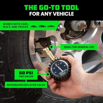 Rhino USA Heavy Duty Tire Pressure Gauge - ANSI Certified Glow Dial | ANSI B40.1 certified accurate, large 2in glow dial, 360° swivel head, solid brass hardware for car & truck tires. - size: 60 PSI Compact