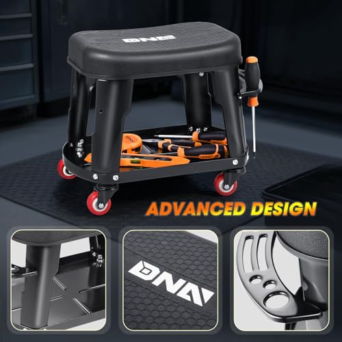 DNA Motoring TOOLS-00252 Removable Rolling Garage Stool with Seat Cushion & Tool Tray Plate,300lbs Max Weight Capacity - color: Black
