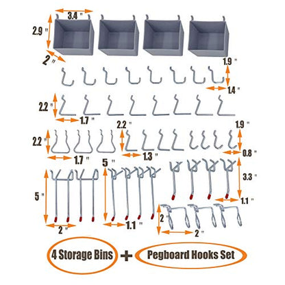 Wallmaster Pegboard Organizer Garage Storage - 48pcs Pegboard Hooks Set, Pegboard Tool Organizer with 48x24 Inch Steel Peg Board & 4 Storage Bins (Black)