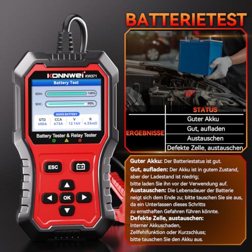 KONNWEI KW371 6V/12V/24V Battery Tester & 4/5Pin Relay Tester 2 in 1 | battery tester automotive with cranking & charging load test, 4/5-pin relay tester, CCA 10-2000, No batteries required. - size: 7.68*3.74*2.17 inch