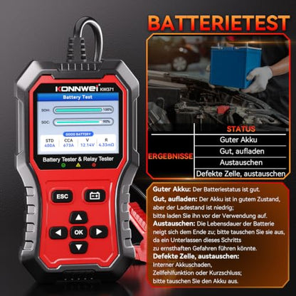 KONNWEI KW371 6V/12V/24V Battery Tester & 4/5Pin Relay Tester 2 in 1 | battery tester automotive with cranking & charging load test, 4/5-pin relay tester, CCA 10-2000, No batteries required. - size: 7.68*3.74*2.17 inch