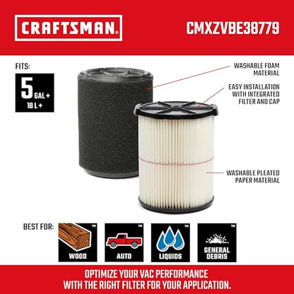 CRAFTSMAN CMXZVBE38779 Genuine 5-20 Gal. General and Wet Debris Vac Filters - size: 2-Pack, style: General Purpose and Wet Application