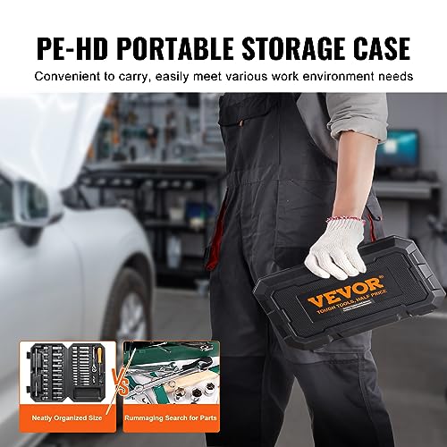 VEVOR Socket Set, 1/4 Inch Drive Socket and Ratchet Set, 6-Point Socket Opening, 54 Pieces Tool Set SAE and Metric, Deep and Standard Sockets, 5/32-9/16 in, 4-14 mm, with Accessories, Storage Case - size: 1/4", style: 54 PCS