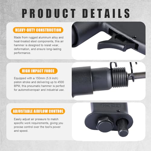 150mm Air Hammer Kit with 4 Chisels & Quick Change Retainer, 4500 BPM Pneumatic Hammer Shovel Tool, Air Shovel Tool for Automotive, Metal, and Masonry Work