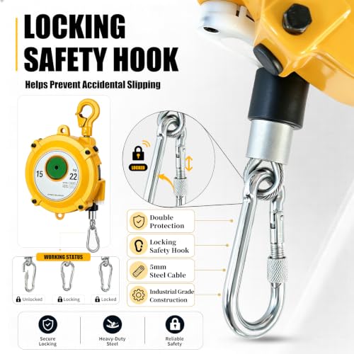 Spring Balancer 33-49 lbs(15-22kg) Adjustable Tool Holder, 1.5m Wire Rope, Heavy-Duty Steel, Safety Lock Hook for Workshop, Garage & Assembly Line