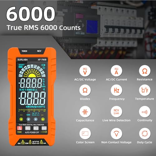 Digital Multimeter TRMS 6000 Counts, Auto-Ranging Voltmeter with Non-Contact Voltage Tester, Electric Tester with Voltage, Current, Resistance, Rechargeable Battery & Data Hold for Automotive