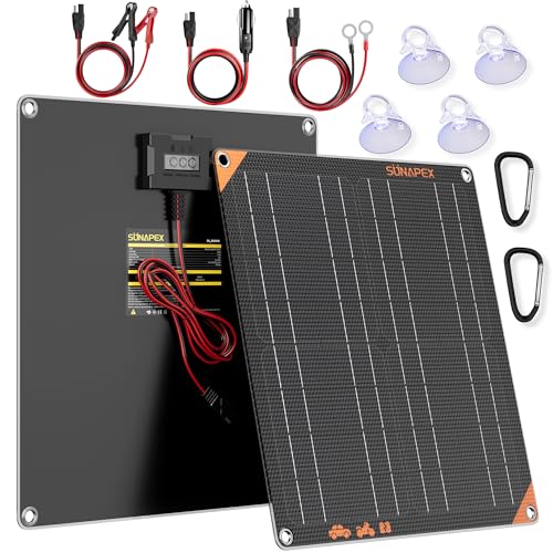 SUNAPEX 20Watt 12V Solar Car Battery Trickle Charger & Maintainer | Waterproof Flexible Solar Panel Kit | Prevents Overcharging with Smart Controller | Fits 12V Batteries for Boats, RVs & More - color: Black, size: 20W Smart