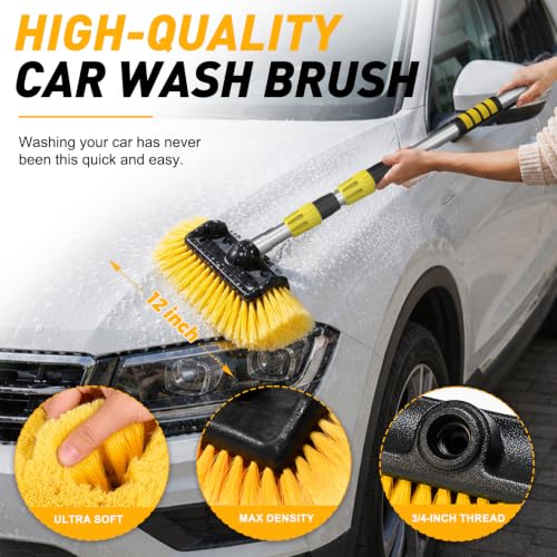 SISUPASSIE 12FT Car Wash Brush with Long Handle, 12-Inch Soft Bristle Car Cleaning Brush for Cleaning RV, Truck, Boat, Solar Panels, Yellow - color: Yellow