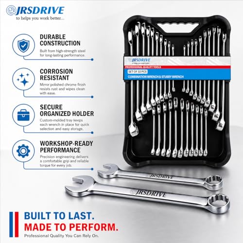 32-Piece SAE & Metric Combination Wrench Set – Standard & Stubby Wrenches, Chrome Vanadium Steel, 12-Point Box End, Mirror Chrome Finish with Organizer Tray for Automotive & Home Repair