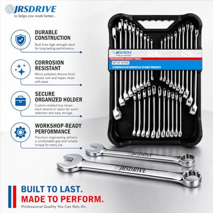 32-Piece SAE & Metric Combination Wrench Set – Standard & Stubby Wrenches, Chrome Vanadium Steel, 12-Point Box End, Mirror Chrome Finish with Organizer Tray for Automotive & Home Repair