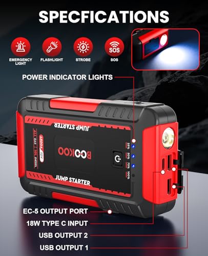BOOKOO 4500A Jump Starter,H8 Portable Car Jump Starter Battery Pack for All Gas & 10L Diesel Engines,12V Car Battery Jumper Box with 3 Mode Flashlight with USB Qc3.0 Dual Output-Red