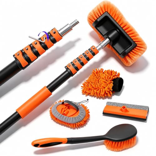 18FT Reach Car Wash Brush with Long Handle, Car Washing Kit with 4-12FT Telescoping Extension Pole, Wheel Brush, Microfiber Cleaning Mop, Mitt, Window Squeegee for Cleaning RV, Truck, SUV