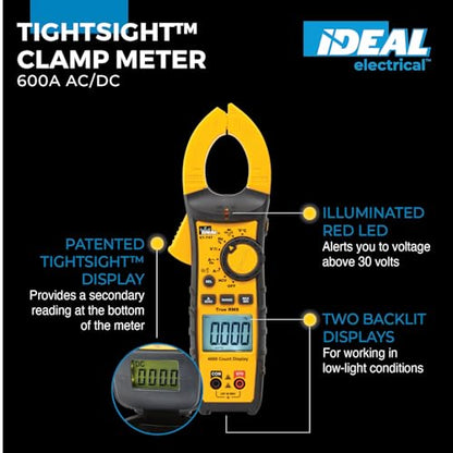 IDEAL Electrical 61-747 TightSight 400 Amp 600-Volt Digital Truerms AC/DC Clamp Meter, CAT III 600V, Dual Backlit Displays, Flashlight, NCV 40–600V, Temp, Continuity, Capacitance, Diodes, Probe Holder