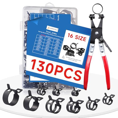 130Pcs 6-25mm Spring Hose Clamps Assortment Kit with Swivel Flat Hose Clamp Plier for Automotive, Plumbing & DIY Projects - Durable Constant Tension Steel Design for Low Pressure Air - size: Black-130Pcs-16Size(6-25mm)