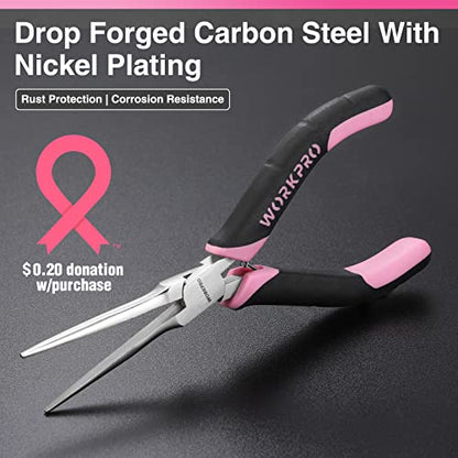 WORKPRO 6-Piece Mini Pliers Set | Needle Nose, Long Nose, Bent Nose, Diagonal, End Cutting and Linesman for Crafts Work, Electronic Repair, with Pouch - color: Pink