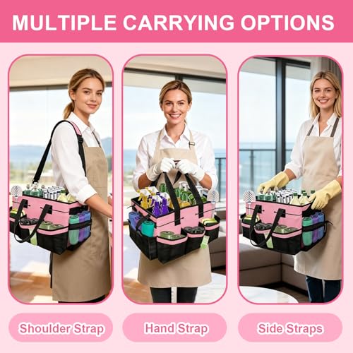 Large Cleaning Caddy Bag – Cleaning Supply Organizer Tote Bag with Handle & Adjustable Shoulder Strap for Housekeeping,Car Detailing,Portable Cleaning Caddy for Cleaning Supplies(Pink)