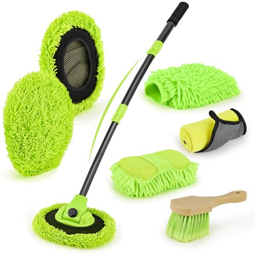 7-in-1 Car Wash Brush Kit with 15° Curved Long Handle for Cars | Car Cleaning Kit with 2 Replaceable Car Washing Mop, Wash Sponge, Mitt, Towel, Tire Brush for RV SUV Truck, Green