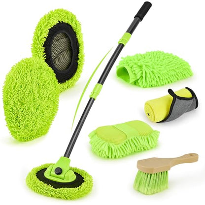 7-in-1 Car Wash Brush Kit with 15° Curved Long Handle for Cars | Car Cleaning Kit with 2 Replaceable Car Washing Mop, Wash Sponge, Mitt, Towel, Tire Brush for RV SUV Truck, Green