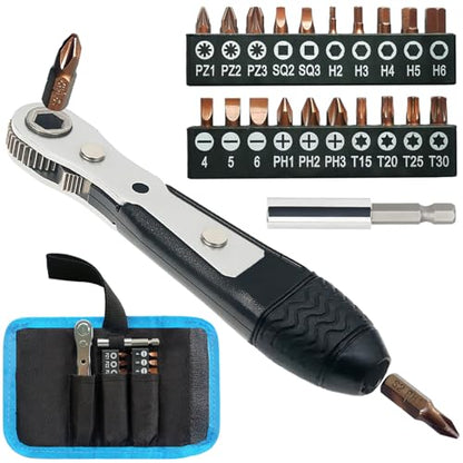 Mini Ratchet Screwdriver Set,Right Angle Screwdriver,Short Offset Screwdrivers with Phillips, Flat, Torx, Hex, Square,Pozidriv S2-Alloy Steel Bits (36-Teeth)