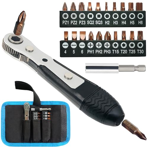 Mini Ratchet Screwdriver Set,Right Angle Screwdriver,Short Offset Screwdrivers with Phillips, Flat, Torx, Hex, Square,Pozidriv S2-Alloy Steel Bits (36-Teeth)