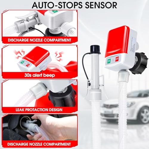 Fuel Transfer Pump with Auto-Stop Sensor-30s Alert Beep,3.2GPM,Overfill Protection,51"Hose Transfer Pump Battery Powered with 4 Tank Adapter,Portable Liquid Pump with Nozzle for Gasoline,Oil - color: Red&Grey