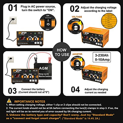 PZP 12V Manual Battery Charger Maintainer, 0 to 10A Arbitrarily Adjustable Car Battery Trickle Charger, Battery Desulfator with Repair, Winter Mode, Suitable for Lawn Mower, AGM, Deep Cycle Batteries - color: Tangerine