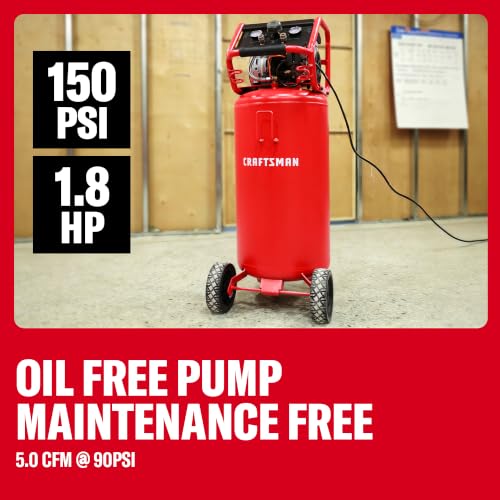 Craftsman Air Compressor，26 Gallon Portable Air Compressor 1.8HP 5.0 CFM@90PSI Oil Free Induction Motor, Max 150 PSI Pressure Powerful High Capacity 1000H Long Life Cycle, Red,CMXECXA3332643