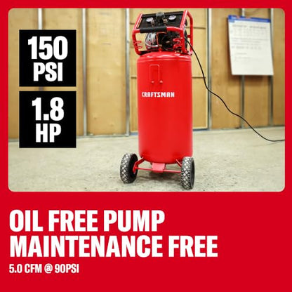 Craftsman Air Compressor，26 Gallon Portable Air Compressor 1.8HP 5.0 CFM@90PSI Oil Free Induction Motor, Max 150 PSI Pressure Powerful High Capacity 1000H Long Life Cycle, Red,CMXECXA3332643