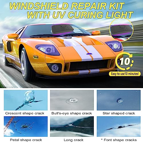 CLAMPER Windshield Repair Kit, Windshield Crack Repair Kit 4 Pcs, Windscreen Repair Kit with Enhanced Injection Head Suction Cup UV Curing Light, Windshield Chip Repair Kit for Bulls-Eye (Yellow) - color: yellow 02a