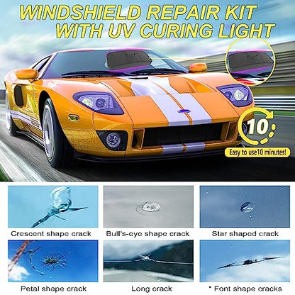 CLAMPER Windshield Repair Kit, Windshield Crack Repair Kit 4 Pcs, Windscreen Repair Kit with Enhanced Injection Head Suction Cup UV Curing Light, Windshield Chip Repair Kit for Bulls-Eye (Yellow) - color: yellow