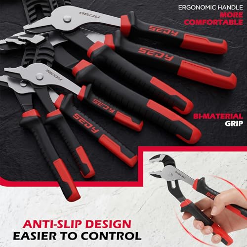 4-Piece Groove Joint Pliers Set, 12" 10" 8" 6" Adjustable Water Pump Pliers with Non-Slip Handles, Straight Jaw Tongue and Groove Pliers for Plumbing, Pipe Fittings, Nuts, Bolts and Home Repair - color: 4pc - 6" 8" 10" 12" Red & Black