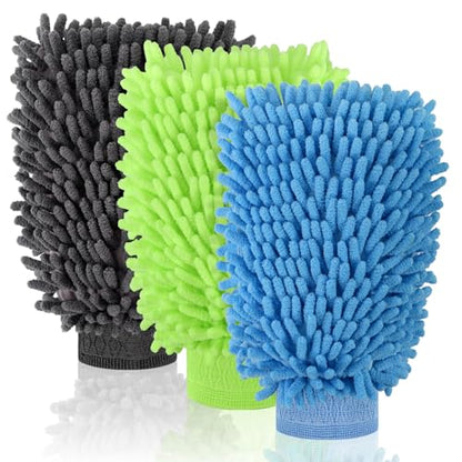 3 Pack Chenille Microfiber Car Wash Mitt, 7" x 9.6", Blue, Green, Grey | Car Washing Mitts, Home Dusting Gloves, Scratch Free Lint-Free, Highly Absorbent, Double Sided, for Cleaning Detailing Polish - color: Blue,green,grey