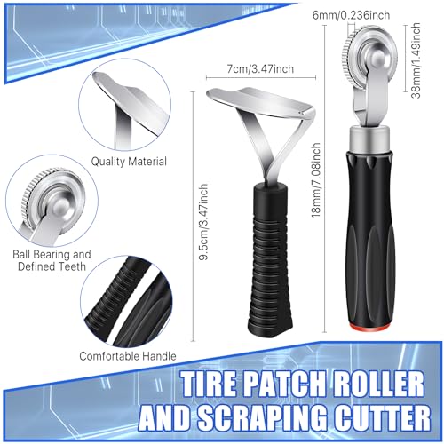 Supkiir Tire Repair Patch Tools Tire Buffing Wheels, 42 mm 55mm Tungsten Steel Buffing Wheel and 6mm Tire Patch Roller with Scraping Cutter for Car Truck Tire Grinding Polishing Accessories Kit