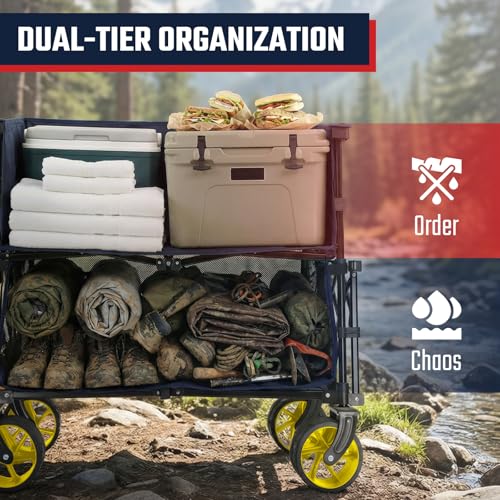Sekey 500LBS Heavy Duty Double Decker Wagon with Extender, 400L Large Capacity Collapsible Garden Cart Fits 10x10 Canopy, All-Terrain Big Wheels with Brakes, Foldable Utility Wagon for Sports, Camping - color: Navy Blue