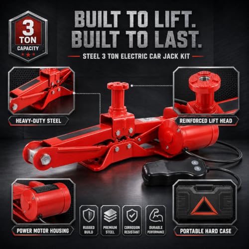 Steel 3 Ton Electric Car Jack Kit, Portable 12v Electric Scissor Jack Featuring Lug Wrench, Safety Stop, and Case, Emergency Tire Changing Tool Kit for Sedan SUV Tire Replacement (Red)