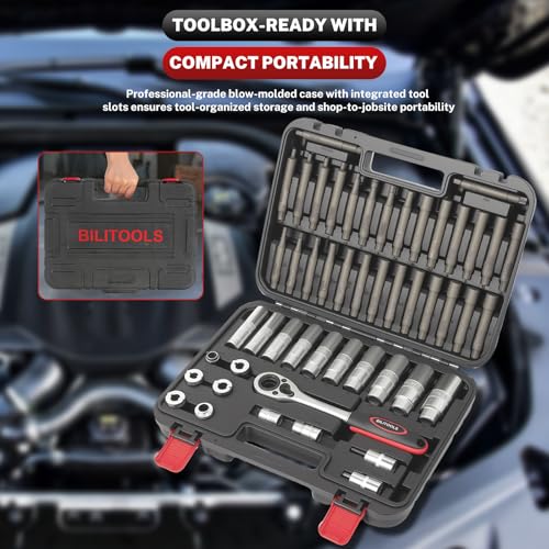 BILITOOLS 50PCS Shock Absorber Strut Nut Socket Set | Master Suspension Tool, Strut Top Mount Nut Removal & Install, Automotive Use, with Ratchet Adaptors - color: Shock Absorber Tool